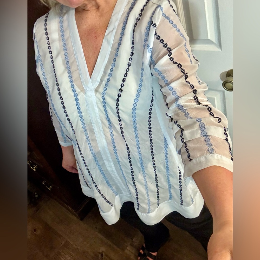 J. Jill Women’s Tunic Blouse V-Neck 3/4 Sleeve Geometric Print Blue Size Large - Picture 10 of 13